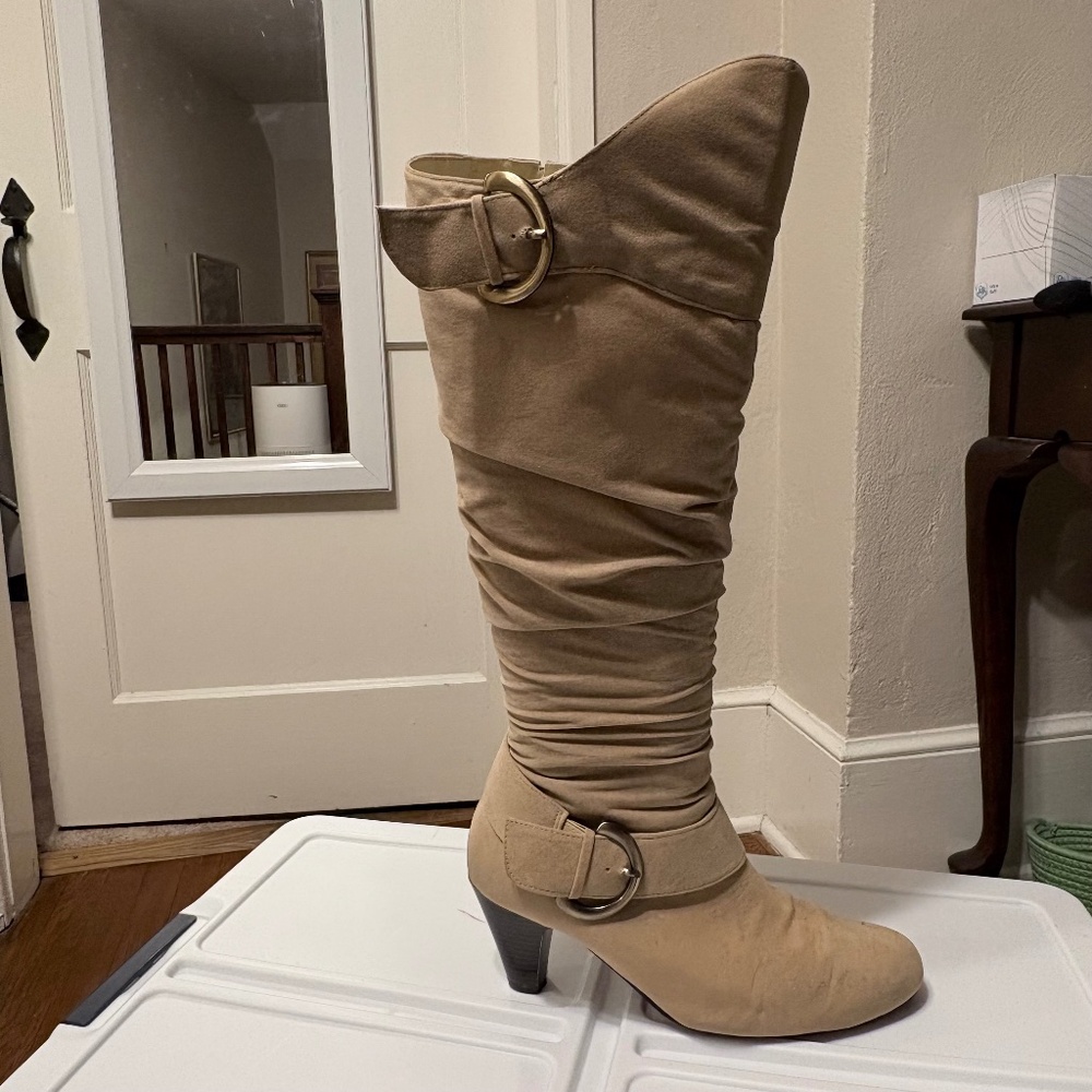 Gabriella Rocha Wide Calf Knee High Beige Suede Buckle Accent Boots, 3" Size 9W